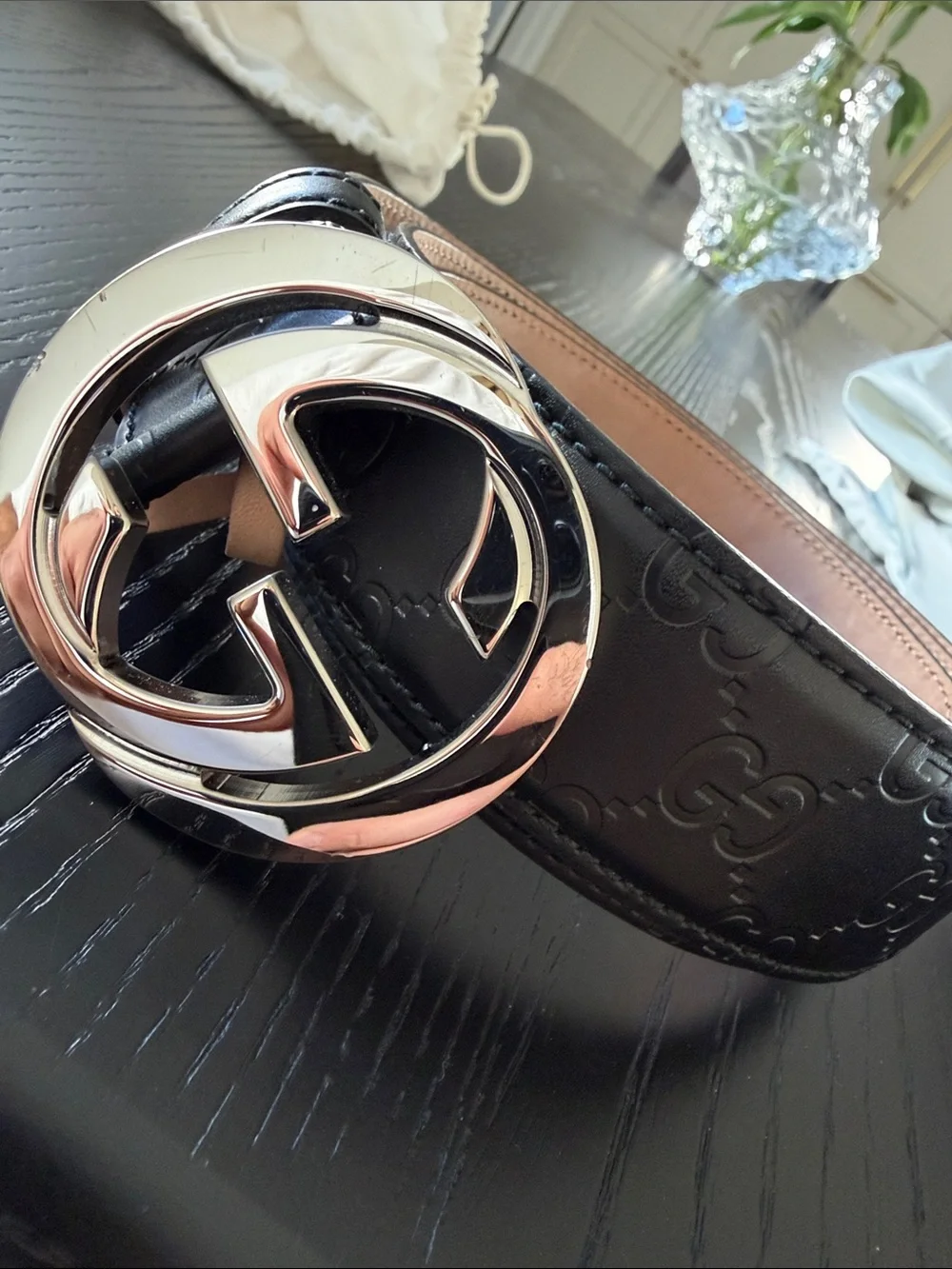 Gucci Black Leather Belt with Silver Double G Buckle